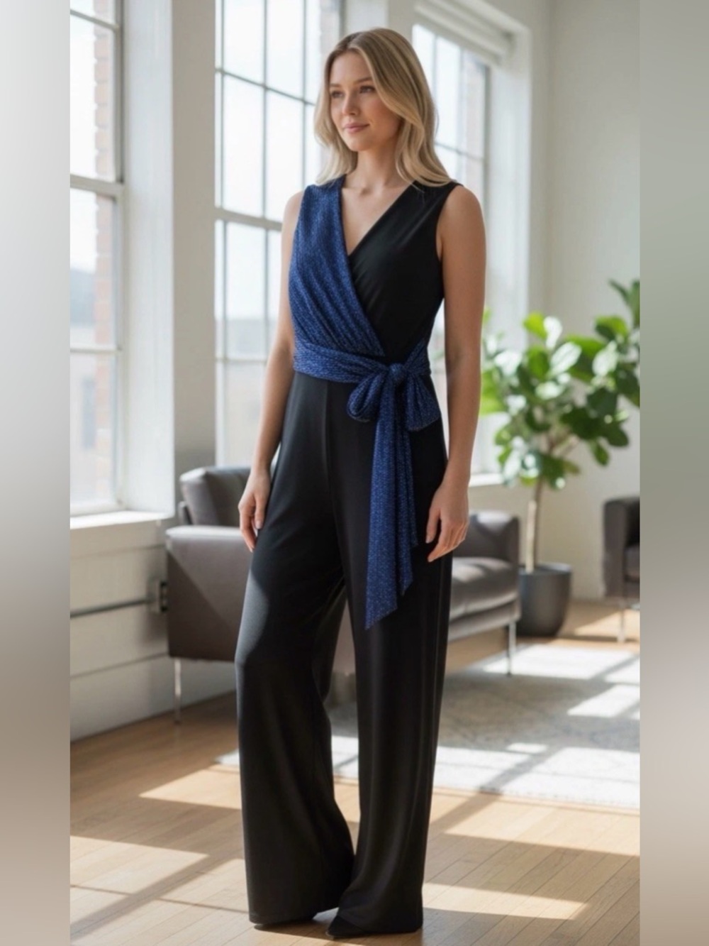 Gabby Skye Size 14 Wide Black Blue Metallic Leg Wrap Jumpsuit